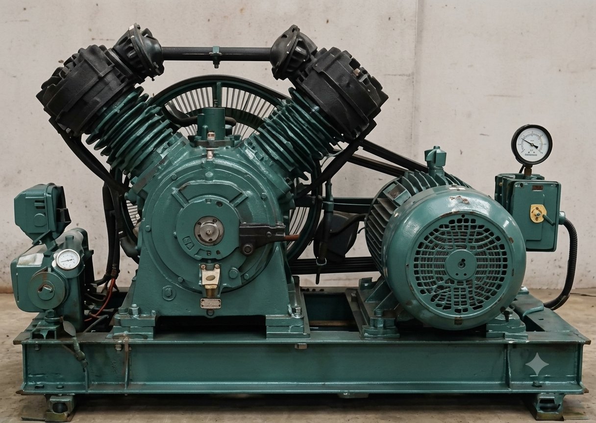 Reciprocating air compressor on a fabricated base frame