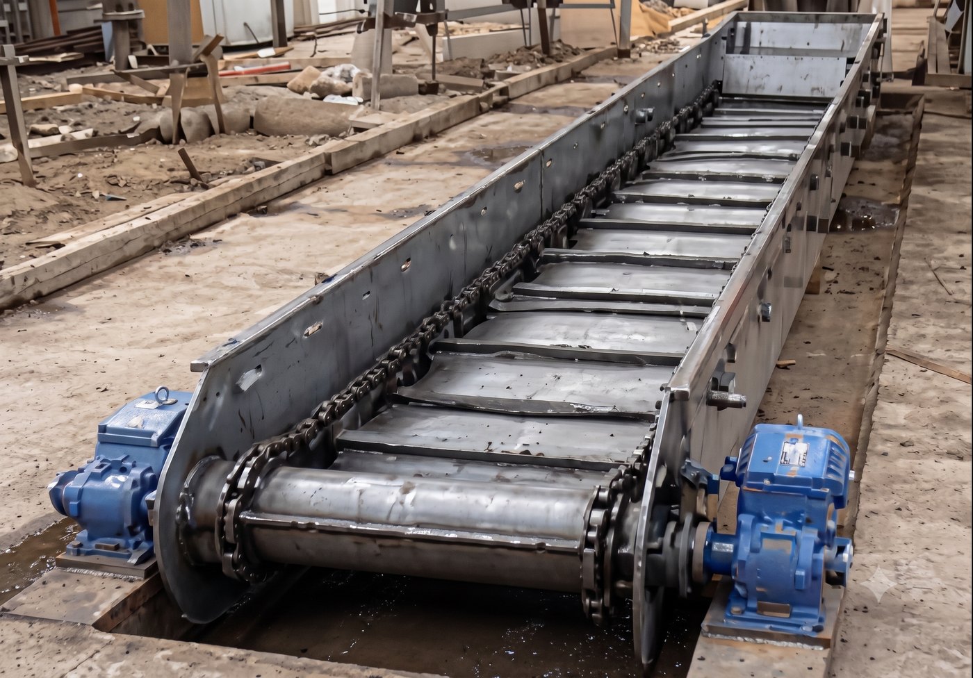 Wet scraper conveyor with drive unit and gearbox