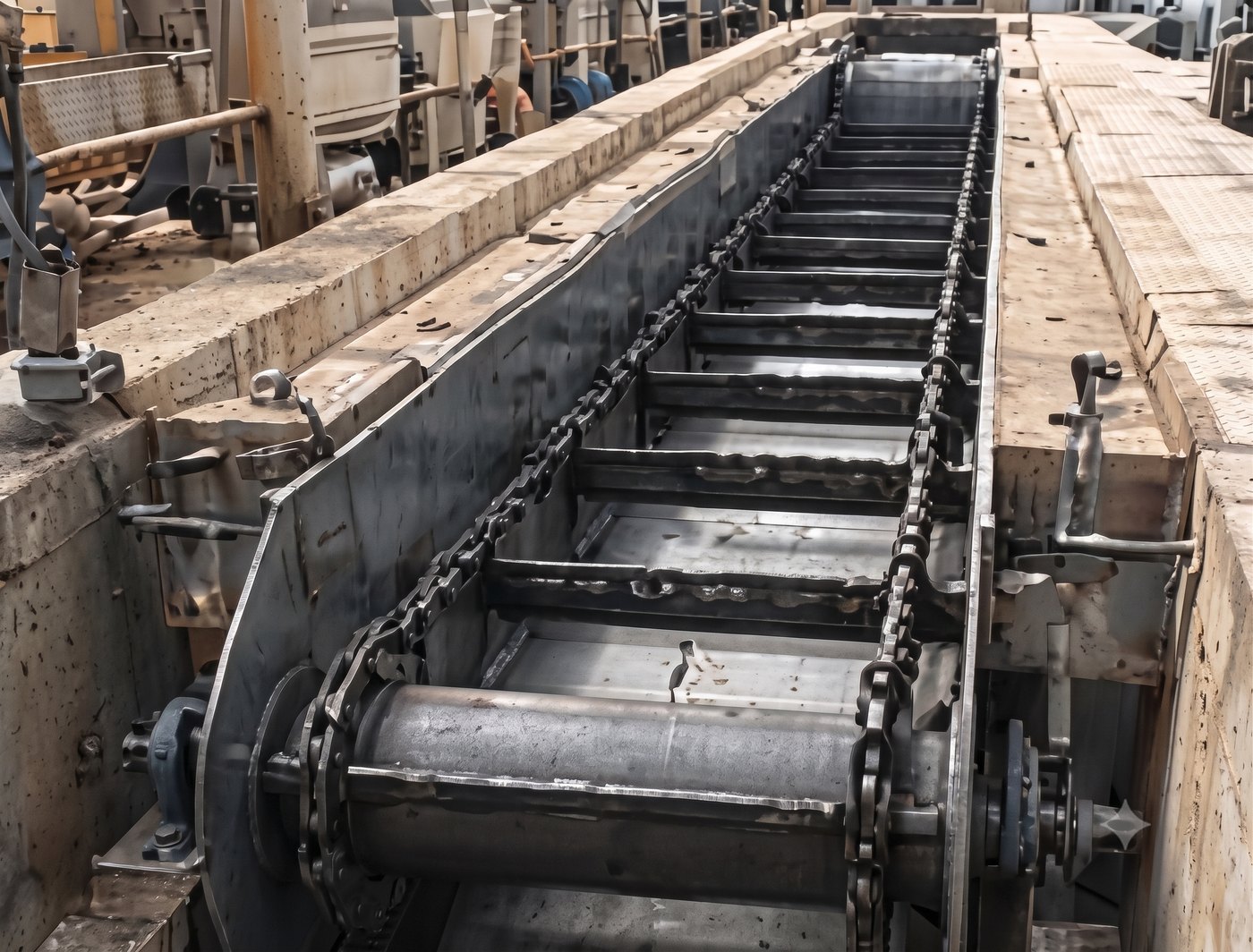 Chain and flight wet scraper running in a concrete trench