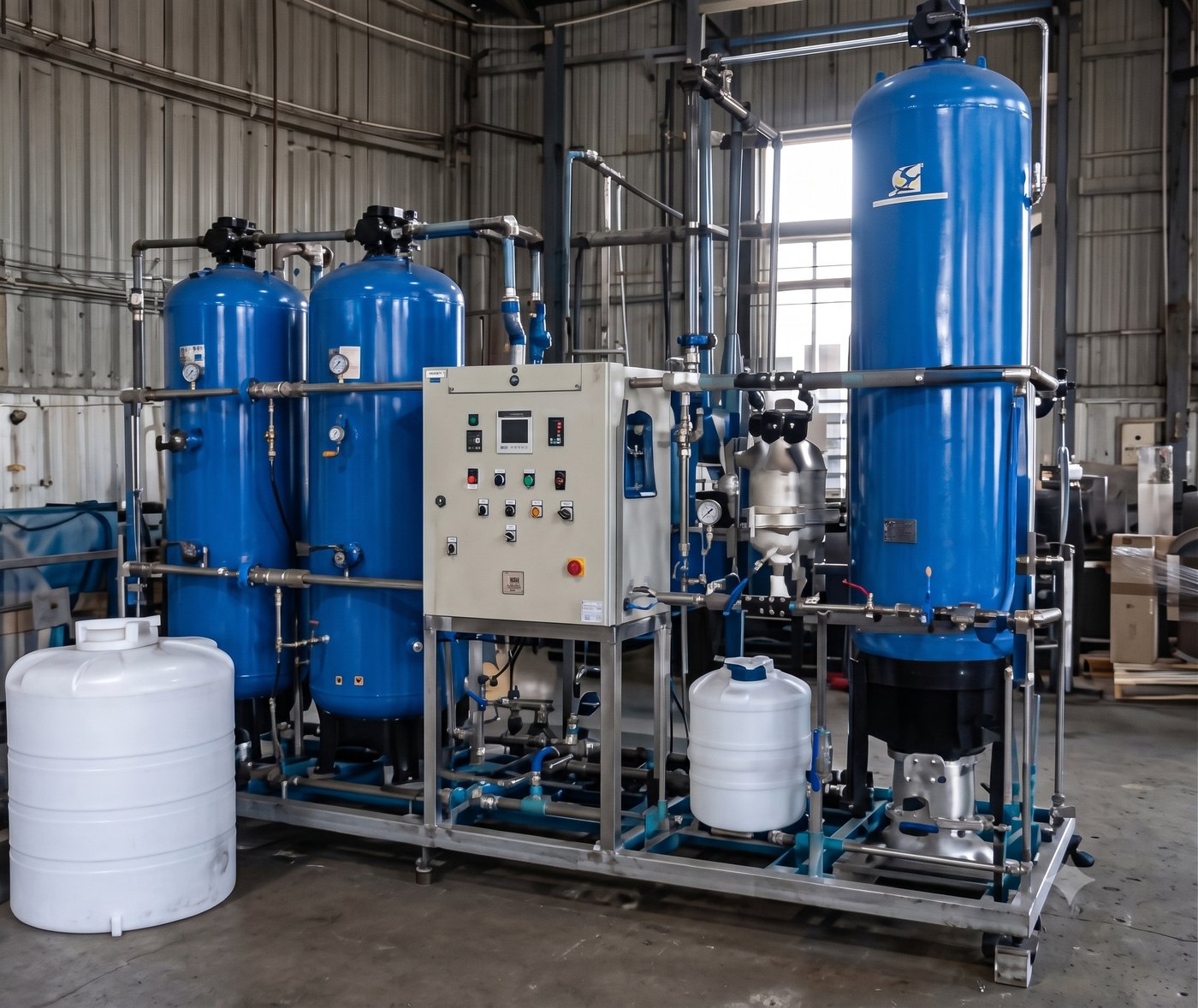 Demineralisation plant with pressure vessels and dosing tanks